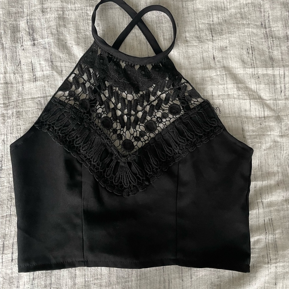 Black Boho Part Crocheted LF, Coachella Festival Crop Top